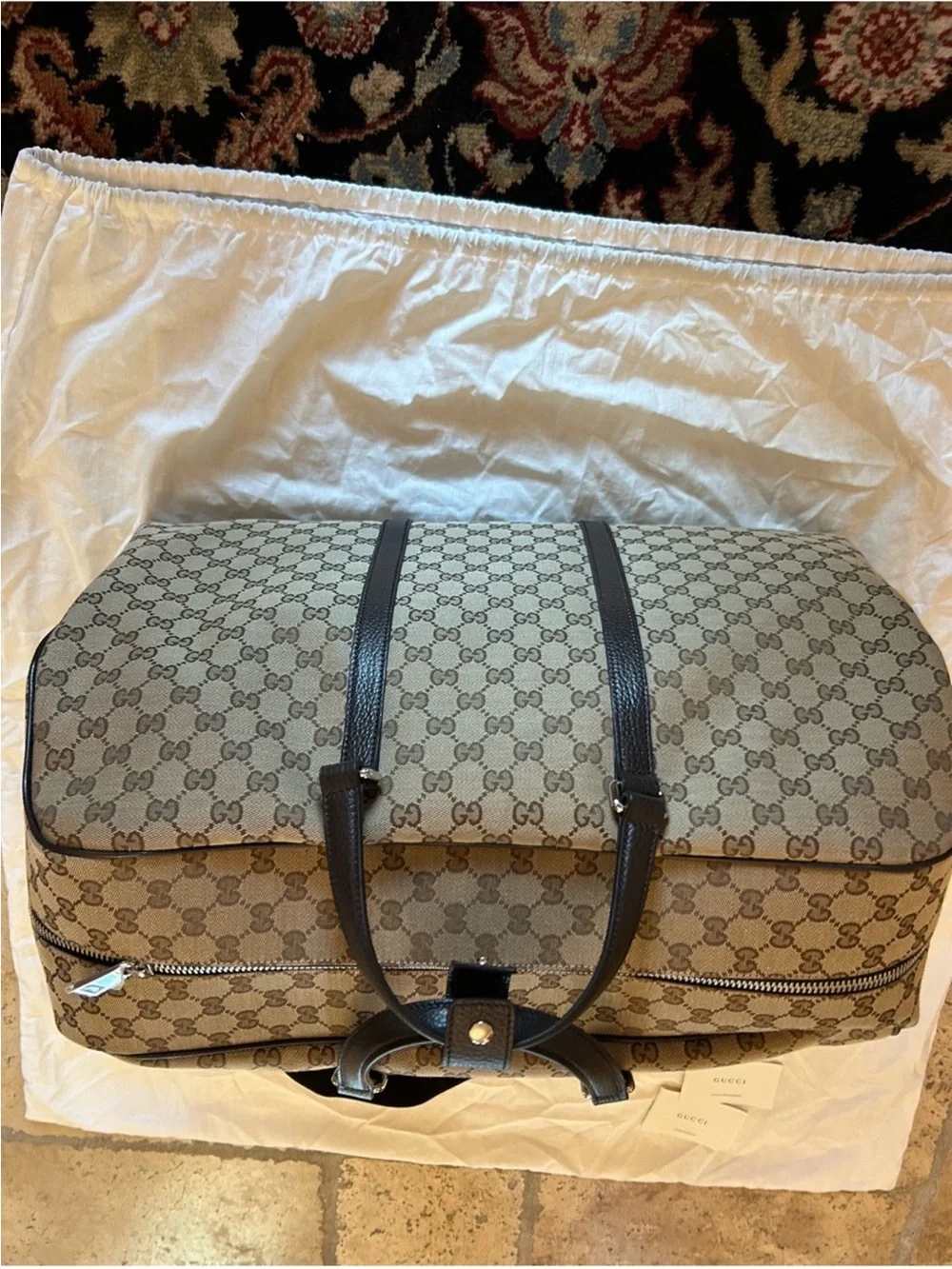 Unisex, Gucci, beige GG supreme canvas weekend with dark brown trim made Italy